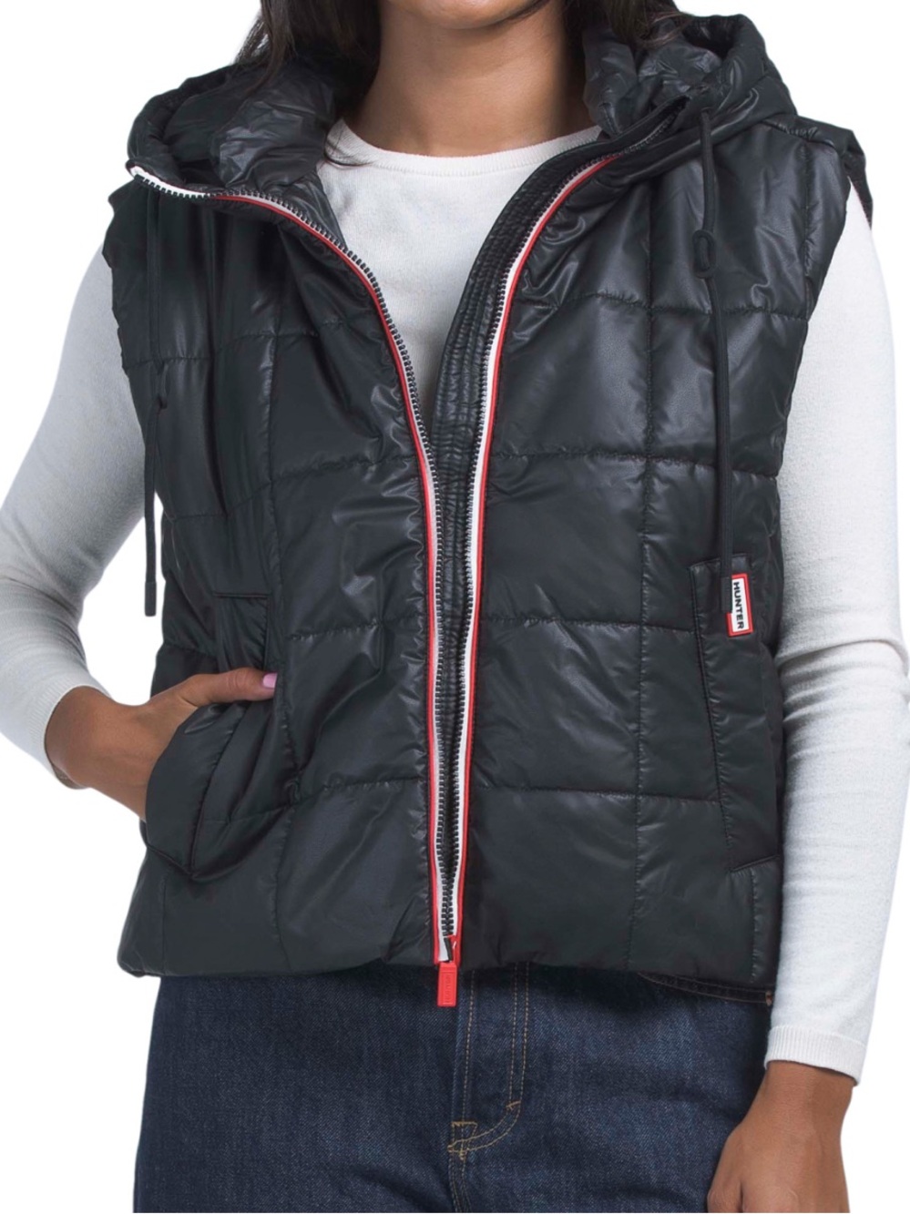 Hunter Quilted Hooded Puffer Vest Side Slits - Black